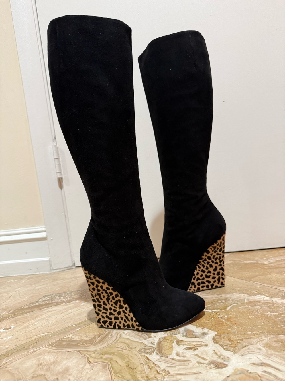 Giuseppe Zanotti 37.5 7 Black Suede Knee High Leopard  Cowhide Wedge Boots Italy